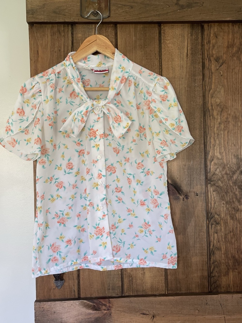 Vintage 1980's Judy Bond Floral Bow Tie Neck Tulip Sleeve Blouse Size 8